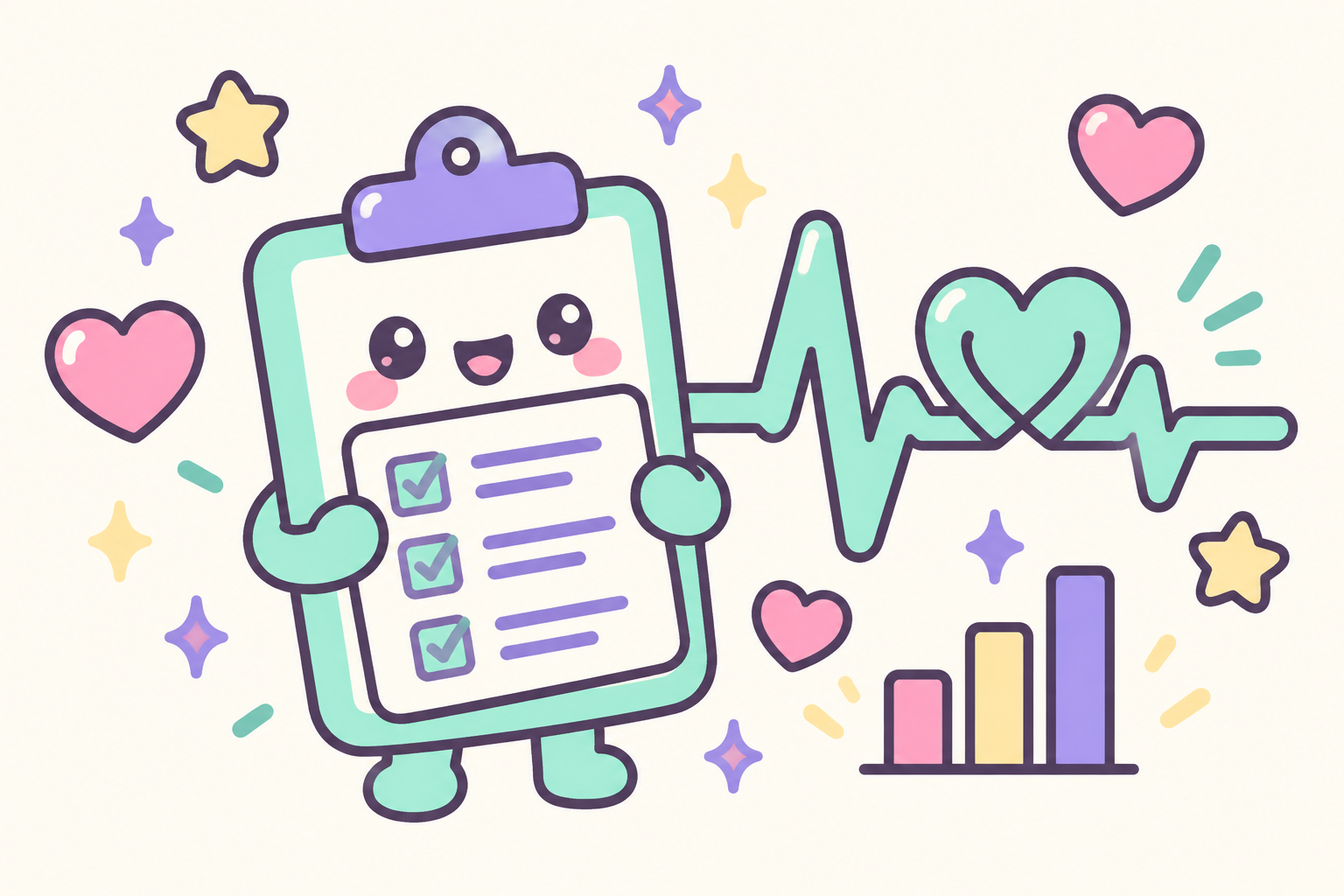 A kawaii clipboard running a survey with a heartbeat pulse line